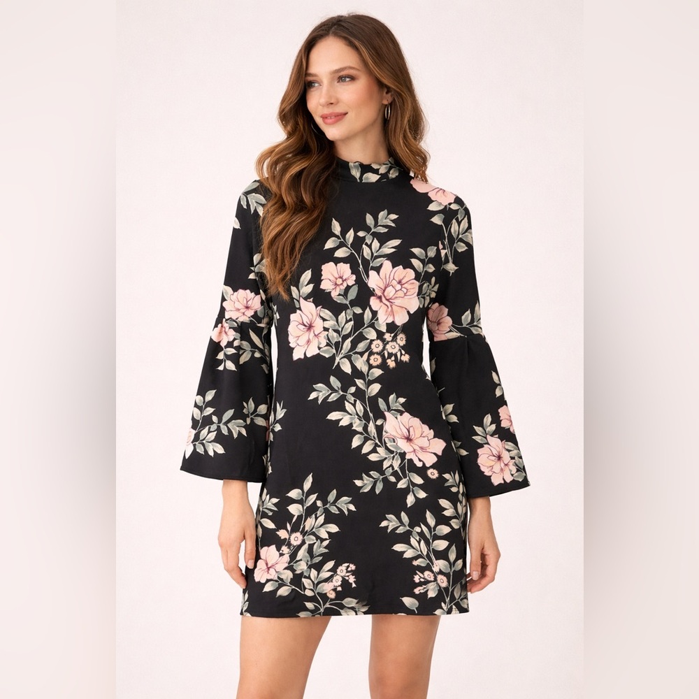 Guess Black and Pink Floral Long Sleeve Dress